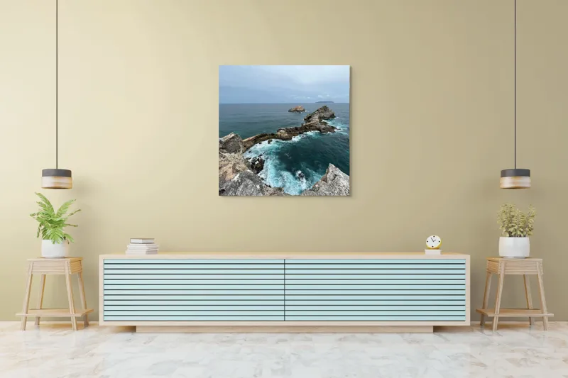 Tablou Canvas, "Stâncile de la marginea lumii", Ocean, Stânci, Valuri, Cer, Îndepărtare, Albastru, Natură, 100 x 100 cm – poza 5