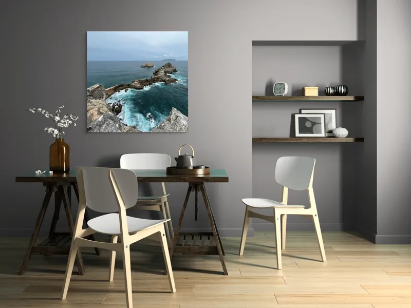 Tablou Canvas, "Stâncile de la marginea lumii", Ocean, Stânci, Valuri, Cer, Îndepărtare, Albastru, Natură, 100 x 100 cm – poza 6