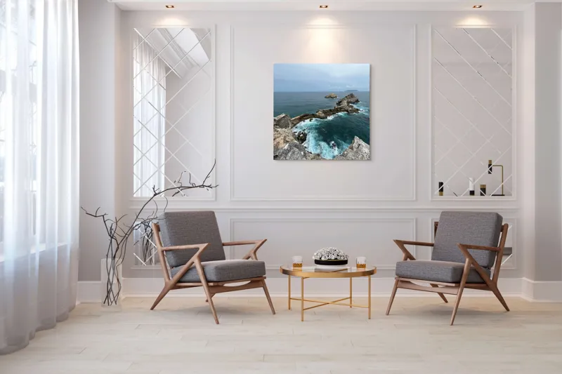 Tablou Canvas, "Stâncile de la marginea lumii", Ocean, Stânci, Valuri, Cer, Îndepărtare, Albastru, Natură, 100 x 100 cm – poza 7