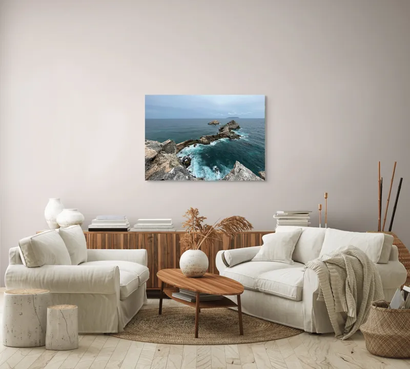 Tablou Canvas, "Stâncile de la marginea lumii", Ocean, Stânci, Valuri, Cer, Îndepărtare, Albastru, Natură, 100 x 70 cm – poza 3