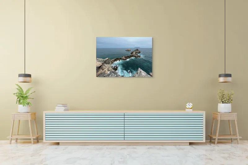 Tablou Canvas, "Stâncile de la marginea lumii", Ocean, Stânci, Valuri, Cer, Îndepărtare, Albastru, Natură, 100 x 70 cm – poza 4