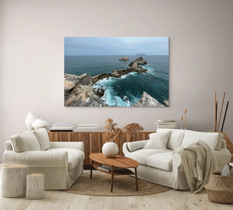 Tablou Canvas, "Stâncile de la marginea lumii", Ocean, Stânci, Valuri, Cer, Îndepărtare, Albastru, Natură, 150 x 100 cm – poza 3
