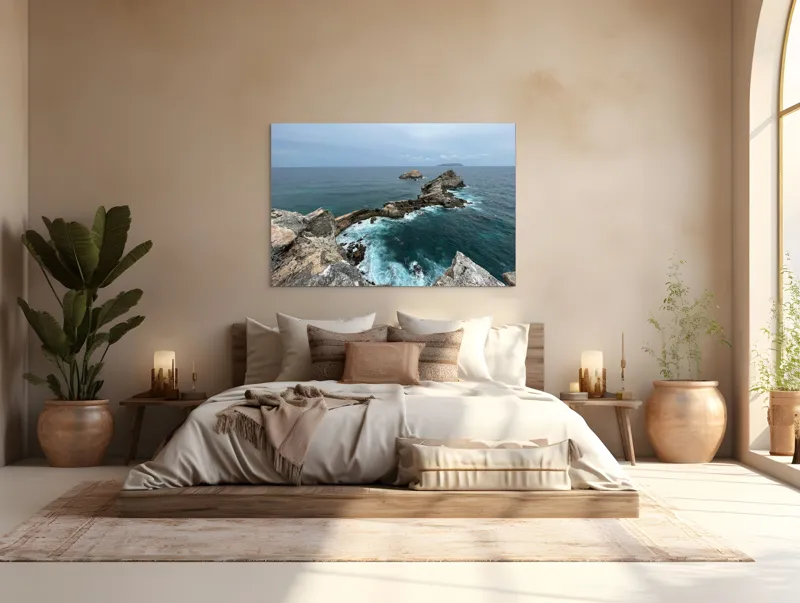 Tablou Canvas, "Stâncile de la marginea lumii", Ocean, Stânci, Valuri, Cer, Îndepărtare, Albastru, Natură, 150 x 100 cm – poza 4