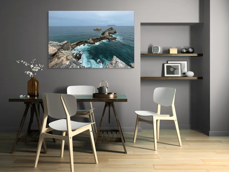 Tablou Canvas, "Stâncile de la marginea lumii", Ocean, Stânci, Valuri, Cer, Îndepărtare, Albastru, Natură, 150 x 100 cm – poza 5