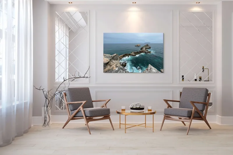 Tablou Canvas, "Stâncile de la marginea lumii", Ocean, Stânci, Valuri, Cer, Îndepărtare, Albastru, Natură, 150 x 100 cm – poza 7