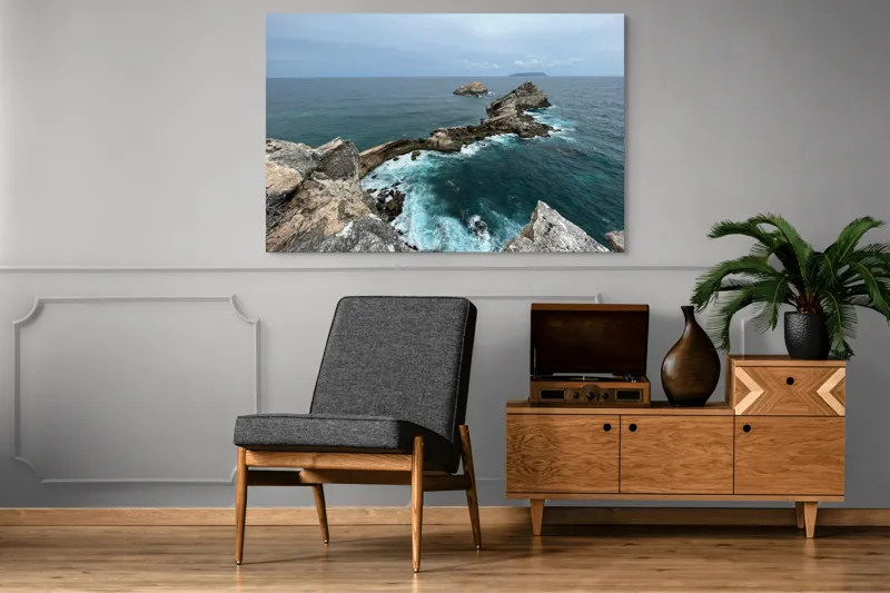 Tablou Canvas, "Stâncile de la marginea lumii", Ocean, Stânci, Valuri, Cer, Îndepărtare, Albastru, Natură, 150 x 100 cm – poza 8