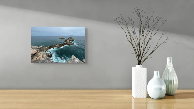 Tablou Canvas, "Stâncile de la marginea lumii", Ocean, Stânci, Valuri, Cer, Îndepărtare, Albastru, Natură, 39 x 26 cm – poza 8