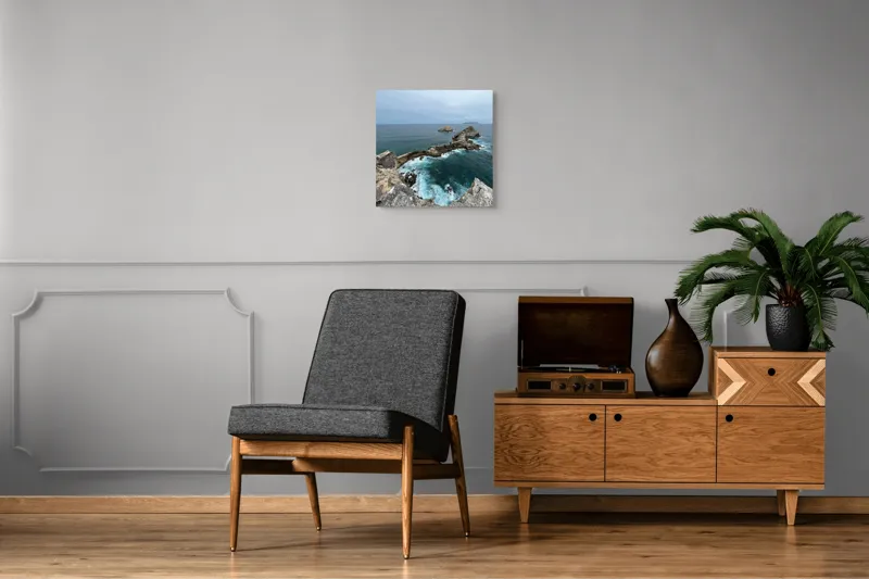 Tablou Canvas, "Stâncile de la marginea lumii", Ocean, Stânci, Valuri, Cer, Îndepărtare, Albastru, Natură, 50 x 50 cm – poza 6
