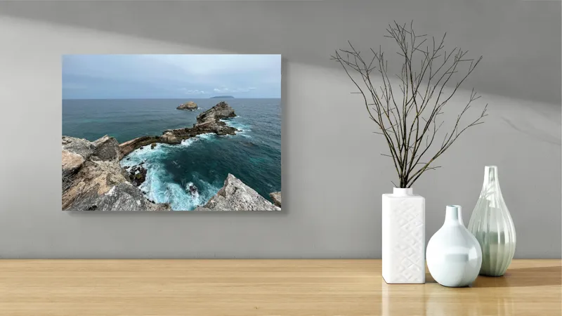 Tablou Canvas, "Stâncile de la marginea lumii", Ocean, Stânci, Valuri, Cer, Îndepărtare, Albastru, Natură, 54 x 39 cm – poza 3