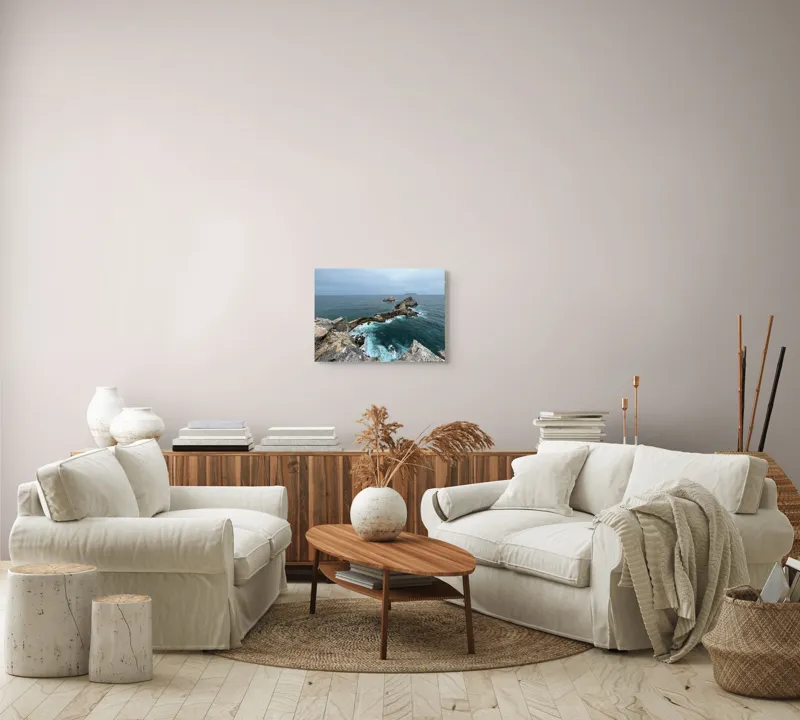 Tablou Canvas, "Stâncile de la marginea lumii", Ocean, Stânci, Valuri, Cer, Îndepărtare, Albastru, Natură, 54 x 39 cm – poza 5