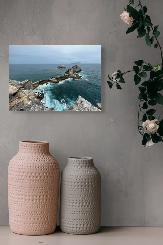 Tablou Canvas, "Stâncile de la marginea lumii", Ocean, Stânci, Valuri, Cer, Îndepărtare, Albastru, Natură, 54 x 39 cm – poza 8