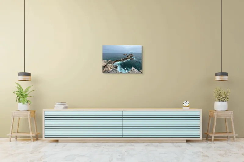 Tablou Canvas, "Stâncile de la marginea lumii", Ocean, Stânci, Valuri, Cer, Îndepărtare, Albastru, Natură, 70 x 50 cm – poza 7