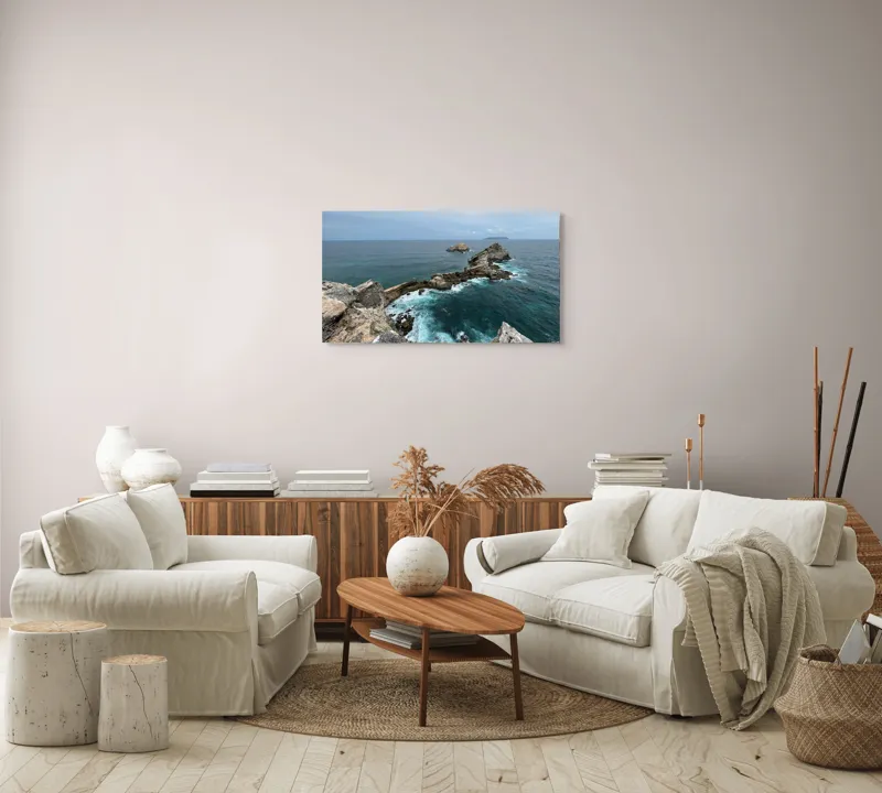 Tablou Canvas, "Stâncile de la marginea lumii", Ocean, Stânci, Valuri, Cer, Îndepărtare, Albastru, Natură, 90 x 50 cm – poza 4