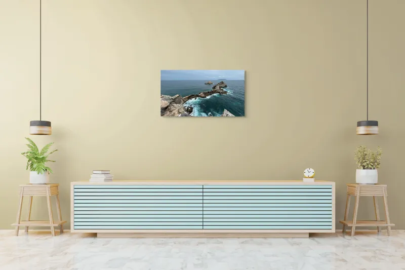 Tablou Canvas, "Stâncile de la marginea lumii", Ocean, Stânci, Valuri, Cer, Îndepărtare, Albastru, Natură, 90 x 50 cm – poza 5