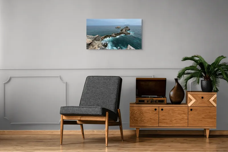 Tablou Canvas, "Stâncile de la marginea lumii", Ocean, Stânci, Valuri, Cer, Îndepărtare, Albastru, Natură, 90 x 50 cm – poza 6