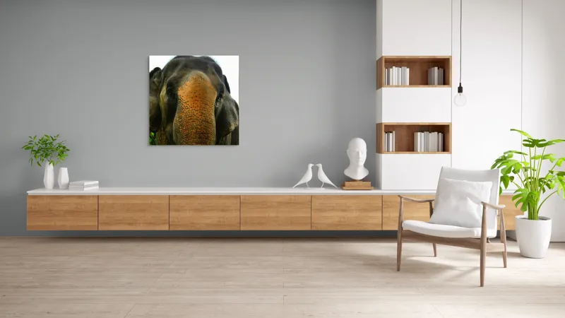 Tablou Canvas, "Un elefant în inima junglei", Elefant, Natural, Majestuos, Impresionant, Urechile, Riduri, Ochi, Verdeață, 100 x 100 cm – poza 8