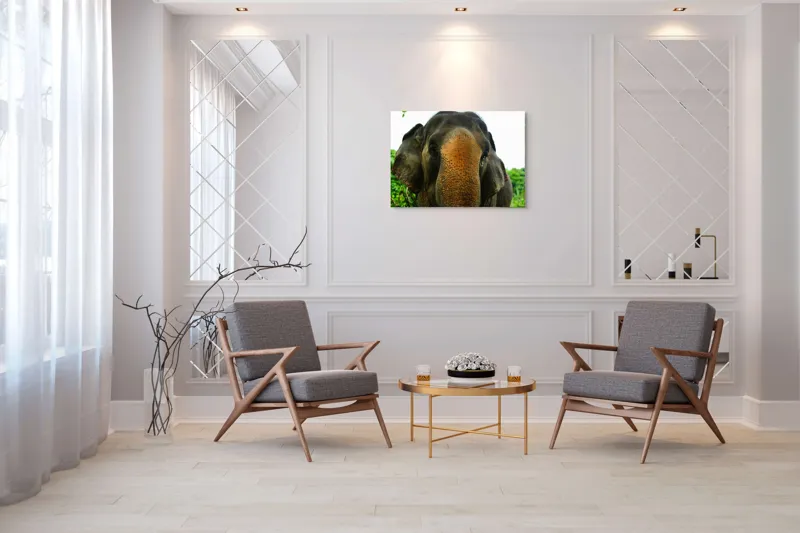 Tablou Canvas, "Un elefant în inima junglei", Elefant, Natural, Majestuos, Impresionant, Urechile, Riduri, Ochi, Verdeață, 100 x 70 cm – poza 5
