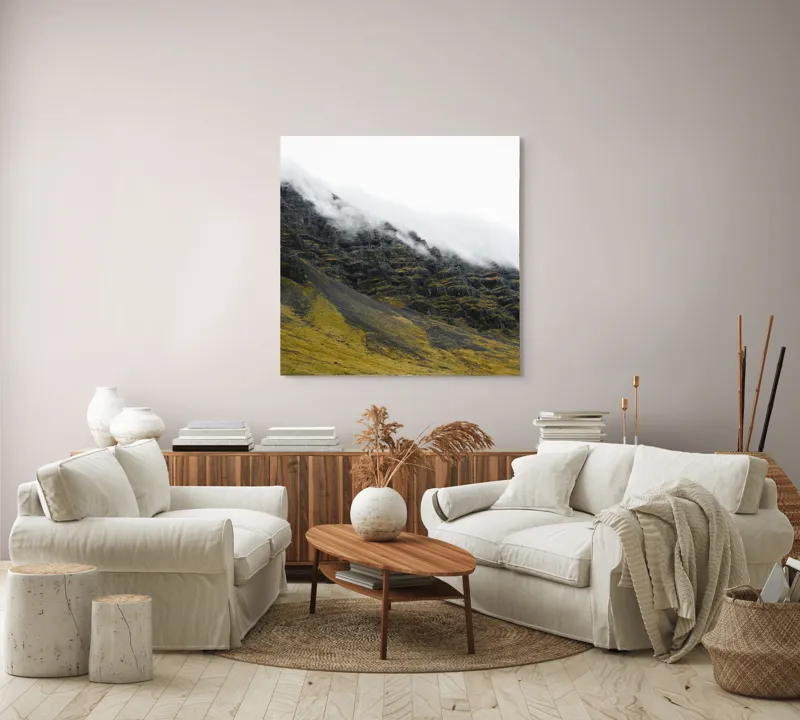 Tablou Canvas, "Norii mângâind vârfurile munților", Noros, Stâncos, Întunecat, Impunător, Solitar, Abrupt, Răcoros, 100 x 100 cm – poza 3