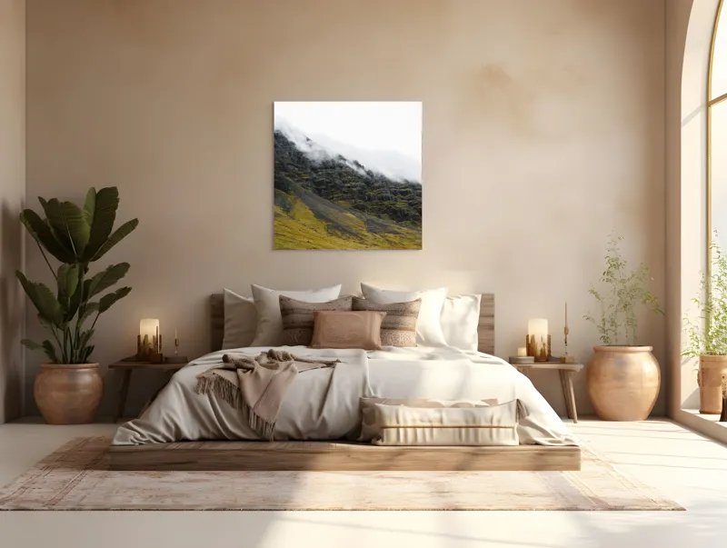 Tablou Canvas, "Norii mângâind vârfurile munților", Noros, Stâncos, Întunecat, Impunător, Solitar, Abrupt, Răcoros, 100 x 100 cm – poza 4