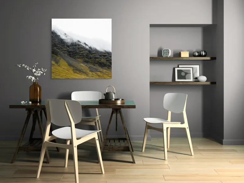 Tablou Canvas, "Norii mângâind vârfurile munților", Noros, Stâncos, Întunecat, Impunător, Solitar, Abrupt, Răcoros, 100 x 100 cm – poza 6