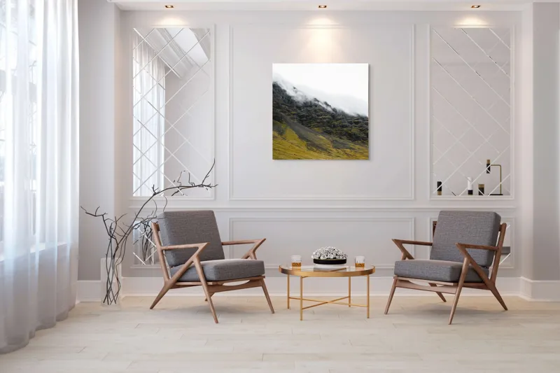 Tablou Canvas, "Norii mângâind vârfurile munților", Noros, Stâncos, Întunecat, Impunător, Solitar, Abrupt, Răcoros, 100 x 100 cm – poza 7