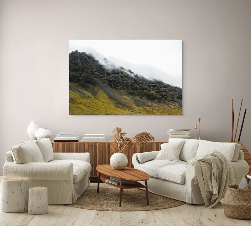 Tablou Canvas, "Norii mângâind vârfurile munților", Noros, Stâncos, Întunecat, Impunător, Solitar, Abrupt, Răcoros, 150 x 100 cm – poza 3