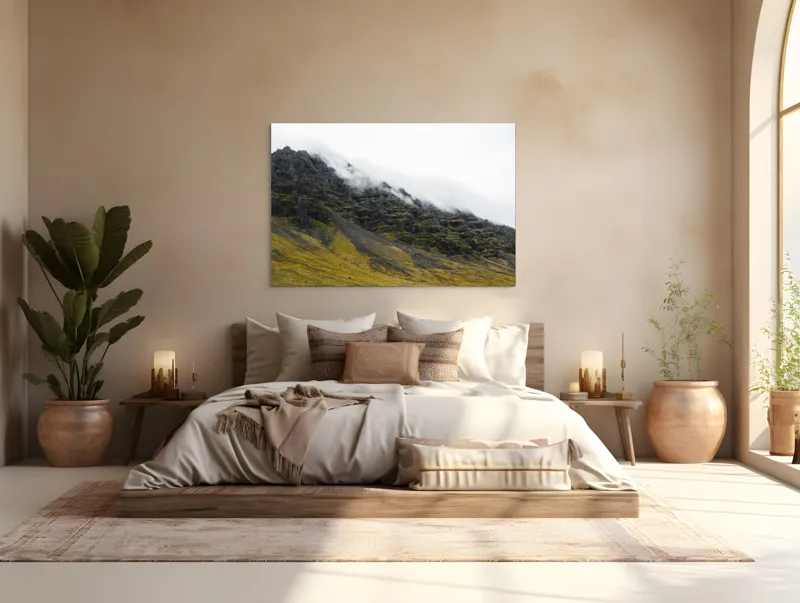 Tablou Canvas, "Norii mângâind vârfurile munților", Noros, Stâncos, Întunecat, Impunător, Solitar, Abrupt, Răcoros, 150 x 100 cm – poza 4