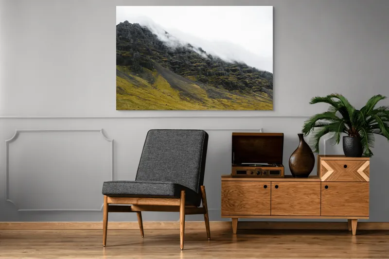 Tablou Canvas, "Norii mângâind vârfurile munților", Noros, Stâncos, Întunecat, Impunător, Solitar, Abrupt, Răcoros, 150 x 100 cm – poza 8