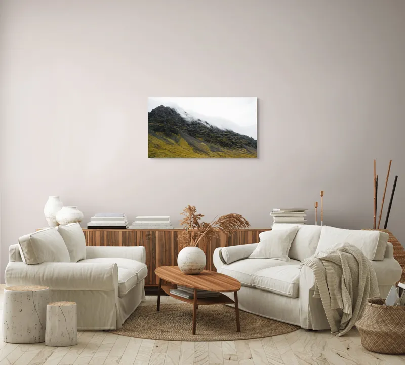 Tablou Canvas, "Norii mângâind vârfurile munților", Noros, Stâncos, Întunecat, Impunător, Solitar, Abrupt, Răcoros, 90 x 50 cm – poza 4