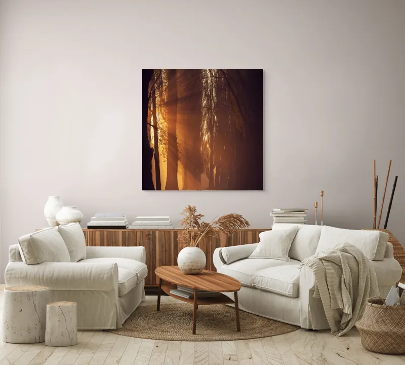 Tablou Canvas, "Raze de soare printre copaci înalți", Auriu, Mister, Pădure, Luminiș, Umbre, Tranquilitate, Apus, Copaci, Frunziș, Întuneric., 100 x 100 cm – poza 3