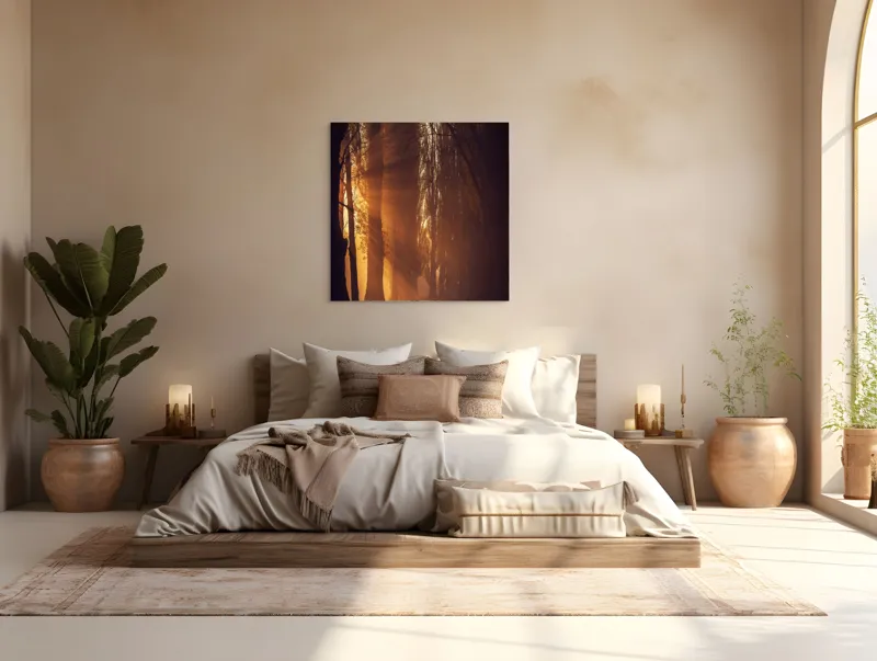 Tablou Canvas, "Raze de soare printre copaci înalți", Auriu, Mister, Pădure, Luminiș, Umbre, Tranquilitate, Apus, Copaci, Frunziș, Întuneric., 100 x 100 cm – poza 4