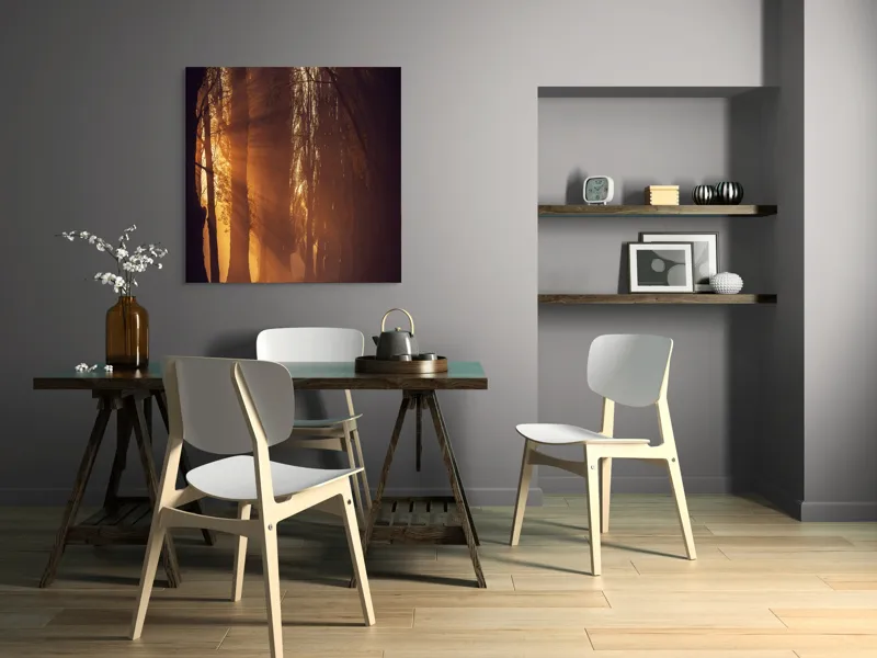 Tablou Canvas, "Raze de soare printre copaci înalți", Auriu, Mister, Pădure, Luminiș, Umbre, Tranquilitate, Apus, Copaci, Frunziș, Întuneric., 100 x 100 cm – poza 6