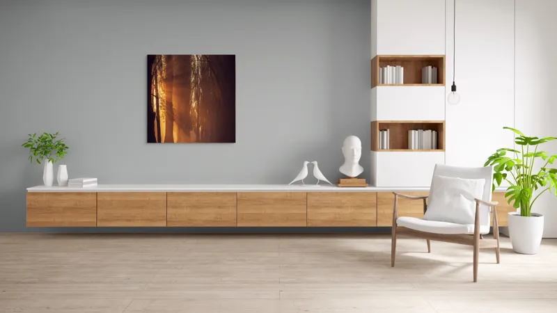 Tablou Canvas, "Raze de soare printre copaci înalți", Auriu, Mister, Pădure, Luminiș, Umbre, Tranquilitate, Apus, Copaci, Frunziș, Întuneric., 100 x 100 cm – poza 8