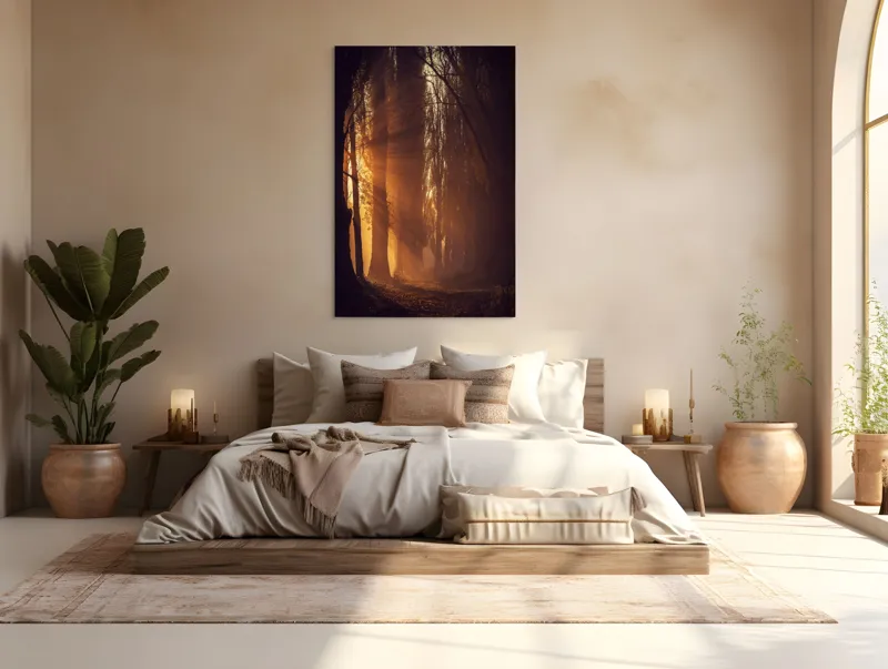 Tablou Canvas, "Raze de soare printre copaci înalți", Auriu, Mister, Pădure, Luminiș, Umbre, Tranquilitate, Apus, Copaci, Frunziș, Întuneric., 100 x 150 cm – poza 3