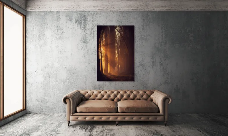 Tablou Canvas, "Raze de soare printre copaci înalți", Auriu, Mister, Pădure, Luminiș, Umbre, Tranquilitate, Apus, Copaci, Frunziș, Întuneric., 100 x 150 cm – poza 6