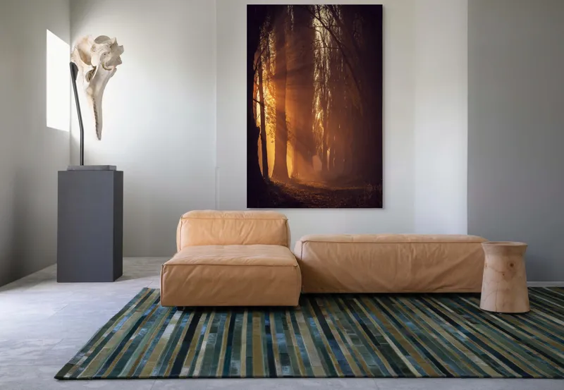 Tablou Canvas, "Raze de soare printre copaci înalți", Auriu, Mister, Pădure, Luminiș, Umbre, Tranquilitate, Apus, Copaci, Frunziș, Întuneric., 100 x 150 cm – poza 7