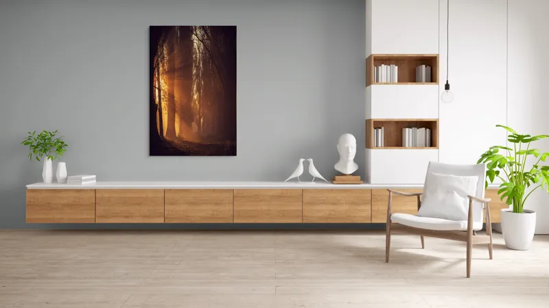 Tablou Canvas, "Raze de soare printre copaci înalți", Auriu, Mister, Pădure, Luminiș, Umbre, Tranquilitate, Apus, Copaci, Frunziș, Întuneric., 100 x 150 cm – poza 8