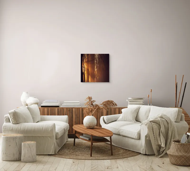 Tablou Canvas, "Raze de soare printre copaci înalți", Auriu, Mister, Pădure, Luminiș, Umbre, Tranquilitate, Apus, Copaci, Frunziș, Întuneric., 50 x 50 cm – poza 7