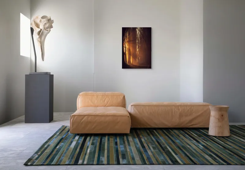 Tablou Canvas, "Raze de soare printre copaci înalți", Auriu, Mister, Pădure, Luminiș, Umbre, Tranquilitate, Apus, Copaci, Frunziș, Întuneric., 50 x 70 cm – poza 7