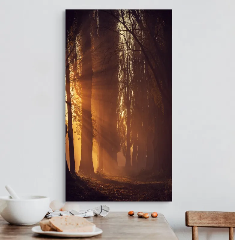 Tablou Canvas, "Raze de soare printre copaci înalți", Auriu, Mister, Pădure, Luminiș, Umbre, Tranquilitate, Apus, Copaci, Frunziș, Întuneric., 50 x 90 cm – poza 3
