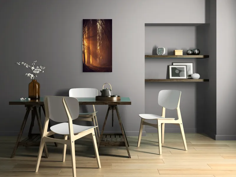 Tablou Canvas, "Raze de soare printre copaci înalți", Auriu, Mister, Pădure, Luminiș, Umbre, Tranquilitate, Apus, Copaci, Frunziș, Întuneric., 50 x 90 cm – poza 4