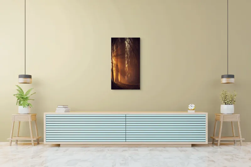 Tablou Canvas, "Raze de soare printre copaci înalți", Auriu, Mister, Pădure, Luminiș, Umbre, Tranquilitate, Apus, Copaci, Frunziș, Întuneric., 50 x 90 cm – poza 6