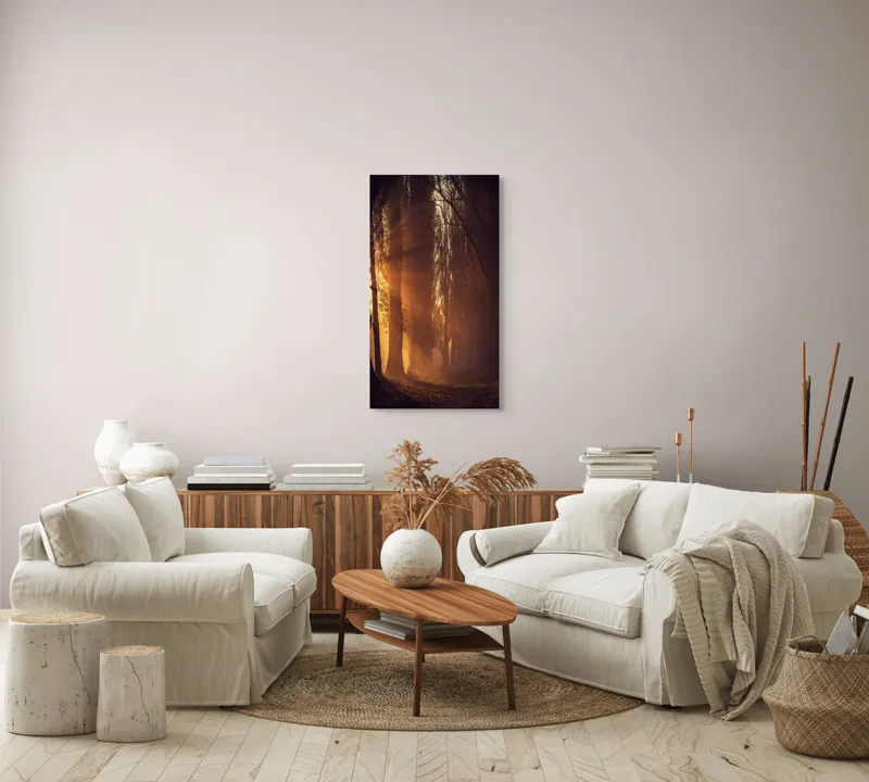 Tablou Canvas, "Raze de soare printre copaci înalți", Auriu, Mister, Pădure, Luminiș, Umbre, Tranquilitate, Apus, Copaci, Frunziș, Întuneric., 50 x 90 cm – poza 7