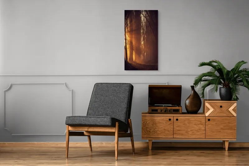 Tablou Canvas, "Raze de soare printre copaci înalți", Auriu, Mister, Pădure, Luminiș, Umbre, Tranquilitate, Apus, Copaci, Frunziș, Întuneric., 50 x 90 cm – poza 8