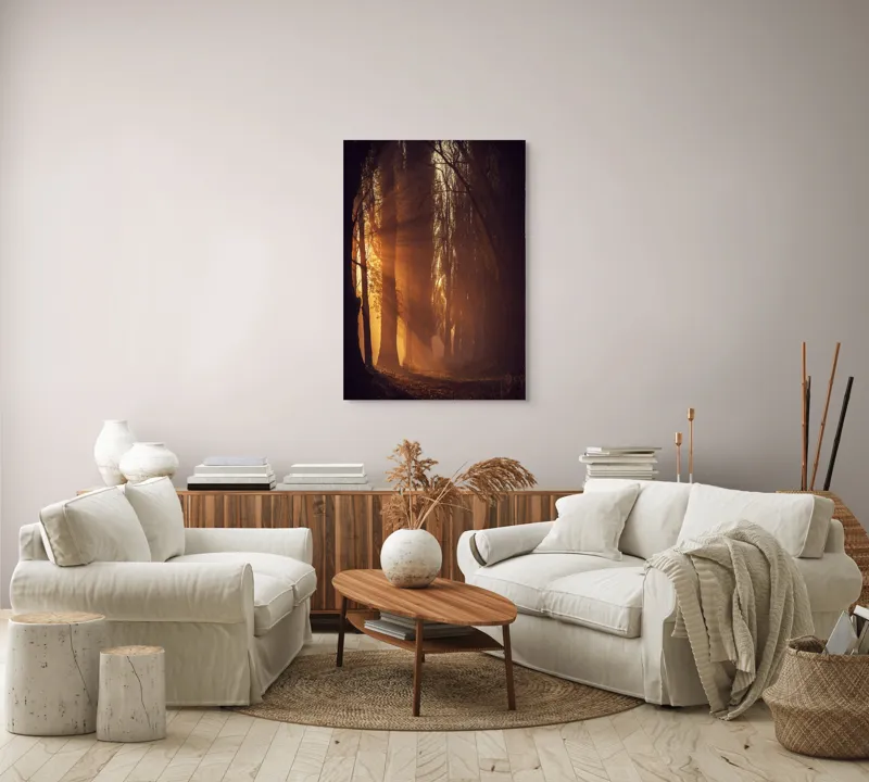 Tablou Canvas, "Raze de soare printre copaci înalți", Auriu, Mister, Pădure, Luminiș, Umbre, Tranquilitate, Apus, Copaci, Frunziș, Întuneric., 70 x 100 cm – poza 4
