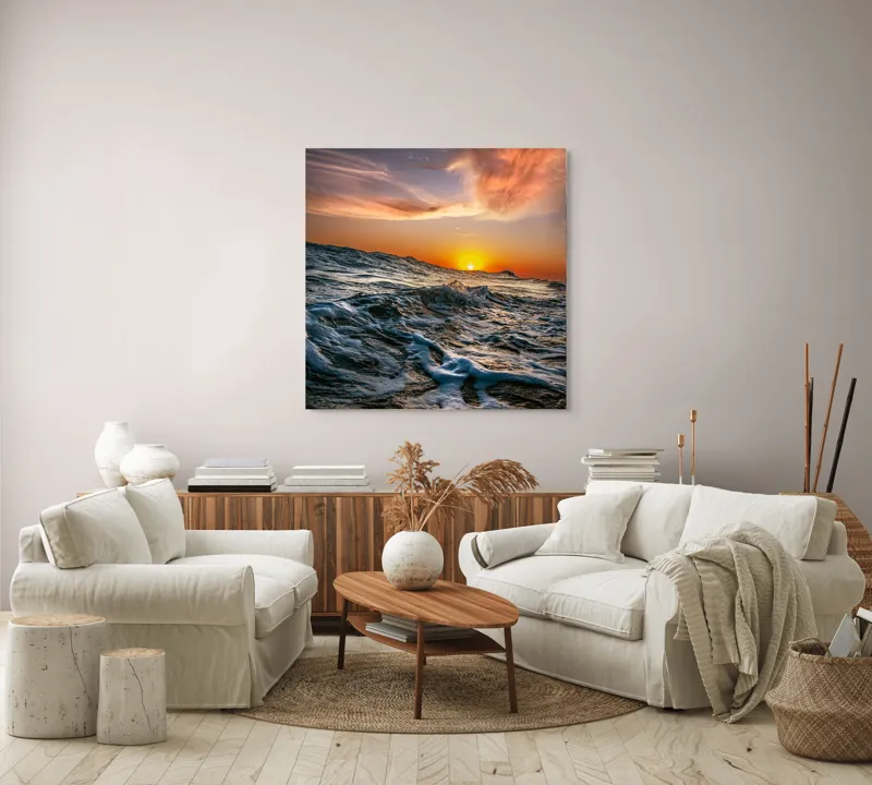 Tablou Canvas, "Apusul viselor pe oceanul nemărginit", Cer, Apus, Valuri, Spumă, Orizont, Lumină, Reflecție, 100 x 100 cm – poza 3