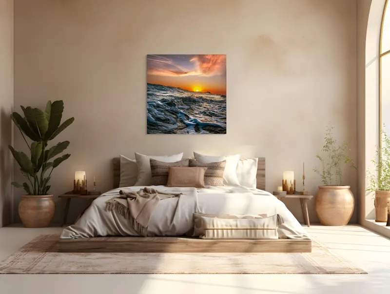 Tablou Canvas, "Apusul viselor pe oceanul nemărginit", Cer, Apus, Valuri, Spumă, Orizont, Lumină, Reflecție, 100 x 100 cm – poza 4