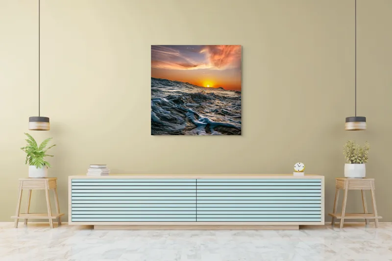 Tablou Canvas, "Apusul viselor pe oceanul nemărginit", Cer, Apus, Valuri, Spumă, Orizont, Lumină, Reflecție, 100 x 100 cm – poza 5