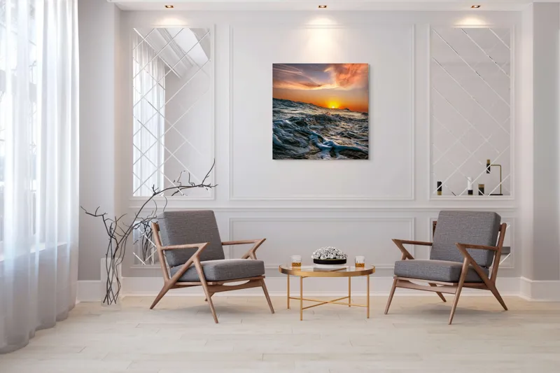 Tablou Canvas, "Apusul viselor pe oceanul nemărginit", Cer, Apus, Valuri, Spumă, Orizont, Lumină, Reflecție, 100 x 100 cm – poza 7