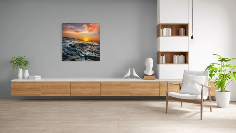 Tablou Canvas, "Apusul viselor pe oceanul nemărginit", Cer, Apus, Valuri, Spumă, Orizont, Lumină, Reflecție, 100 x 100 cm – poza 8